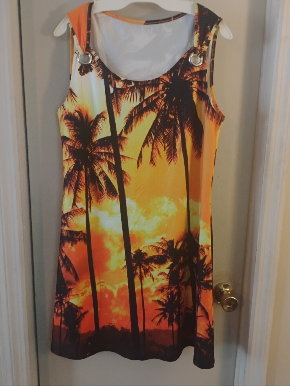 Sunset Palm Tree Tropical Print Tank Dress O-Ring Shoulder Strap Size L
